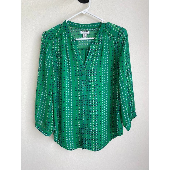 Old Navy Tops - Old Navy Green Blouse Navy Blue WhitePolka Dot 3/4 Sleeve